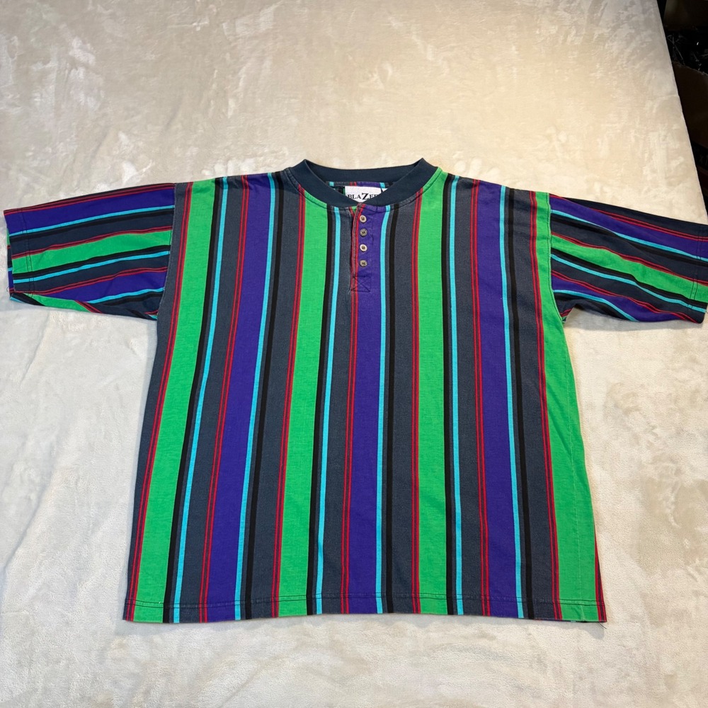 Vintage Blazer Mens Henley Shirt Medium Multicolor Vertical Stripe Cotton 90s
